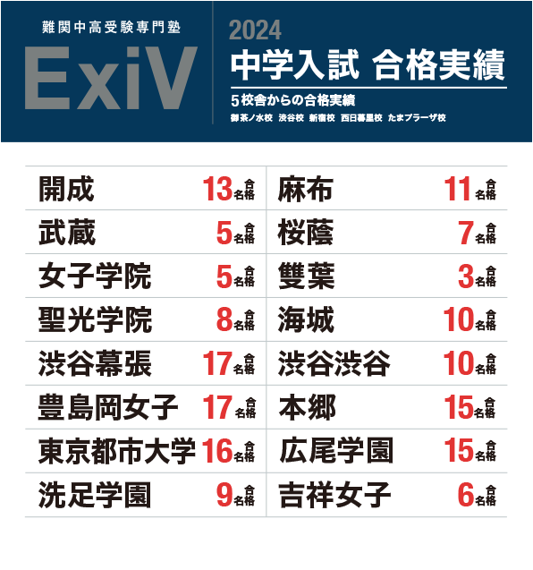 難関中高受験専門塾 ExiV 2024 中学入試 合格実績 5校舎からの合格実績 御茶ノ水校、渋谷校、新宿校、西日暮里校、たまプラーザ校