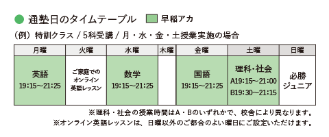 （例）特訓クラス／5科受講／月・水・金・土授業実施の場合