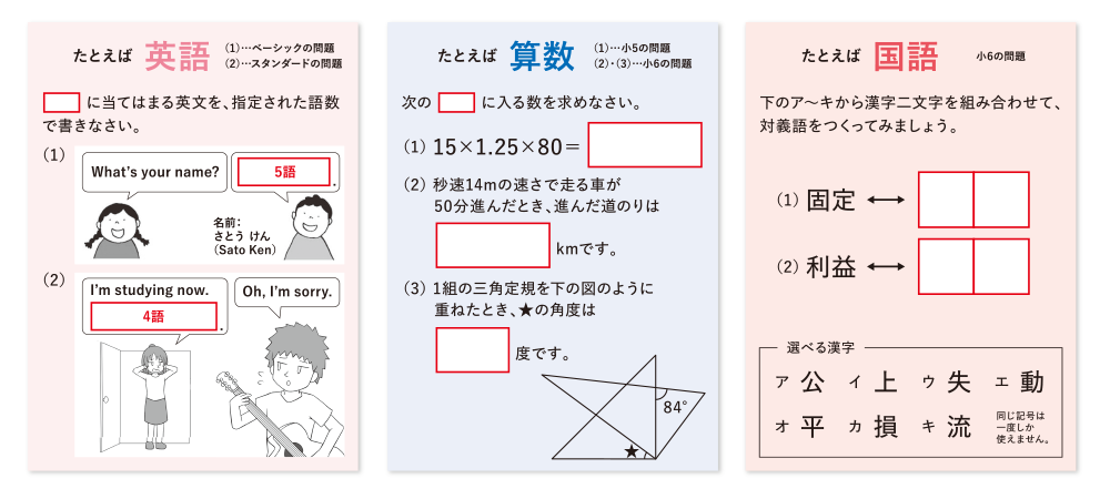 英語・算数・国語の過去の出題例