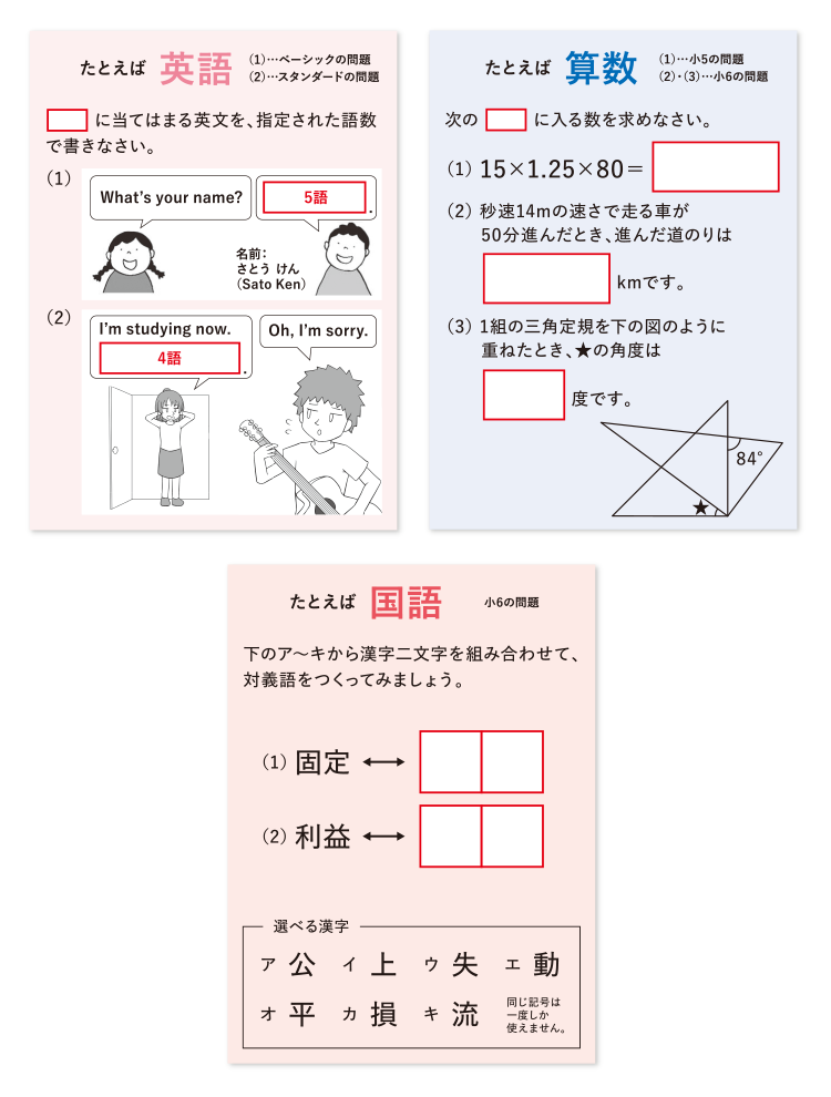 英語・算数・国語の過去の出題例